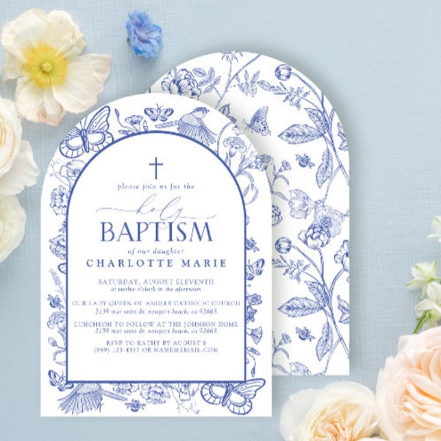 Blue & White Cross Holy Baptism Floral Butterflies Invitation (Creator Uploaded)