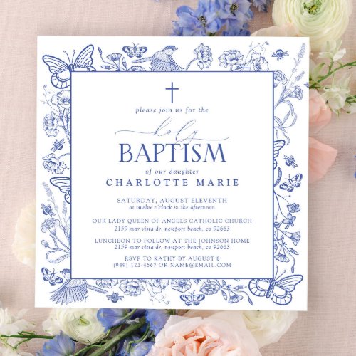 Blue  White Cross Holy Baptism Floral Butterflies Invitation