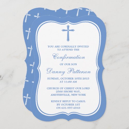 Blue  White Cross Holy Communion Or Confirmation Invitation