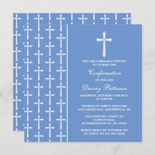 Blue  White Cross Holy Communion Or Confirmation Invitation
