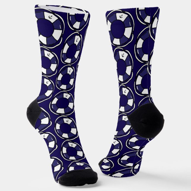 Blue White Cruise Ship Lifebelts Patterned Socks (Angled)