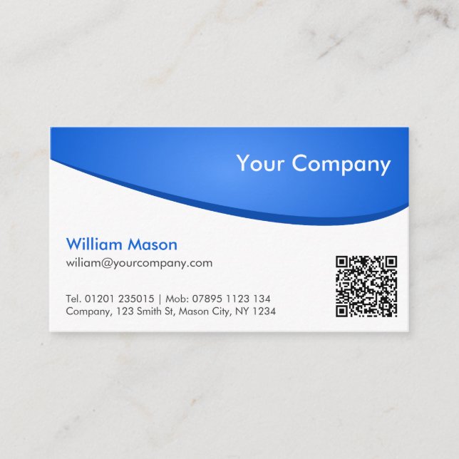 Blue White Curved QR, Professional Business Card (Front)