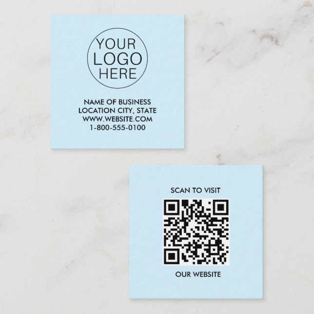 Blue White Custom Logo and QR Code Square Business Card (Front/Back)