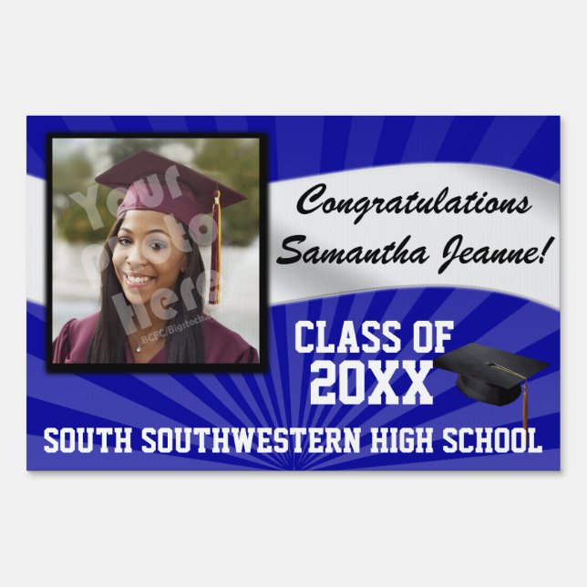 Blue/White Custom Photo Graduation Yard Sign (Front)