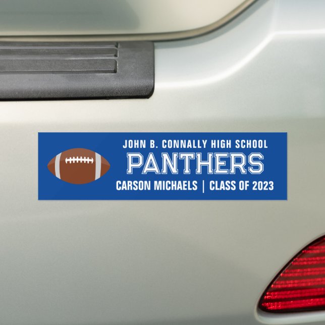 Blue White Custom School Football Team Player Bumper Sticker (On Car)