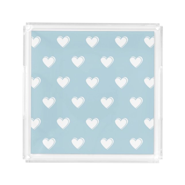 Blue White Cute Simple Heart Pattern Acrylic Tray (Front)