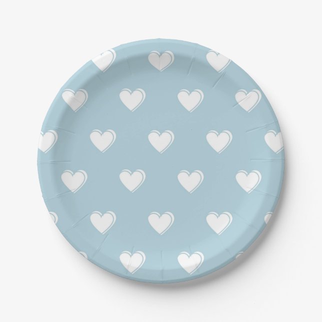 Blue White Cute Simple Heart Pattern Paper Plates (Front)