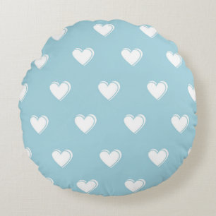 Blue White Cute Simple Heart Pattern Round Pillow