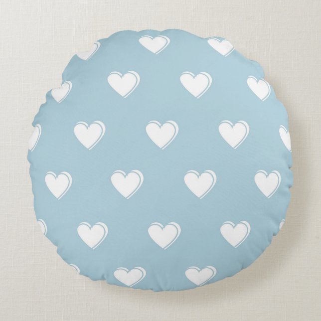 Blue White Cute Simple Heart Pattern Round Pillow (Front)