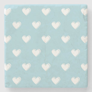 Blue White Cute Simple Heart Pattern Stone Coaster