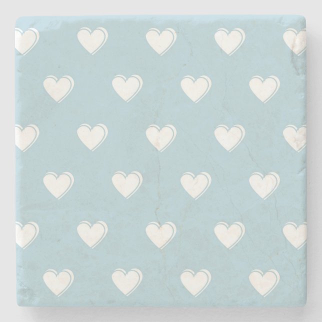 Blue White Cute Simple Heart Pattern Stone Coaster (Front)