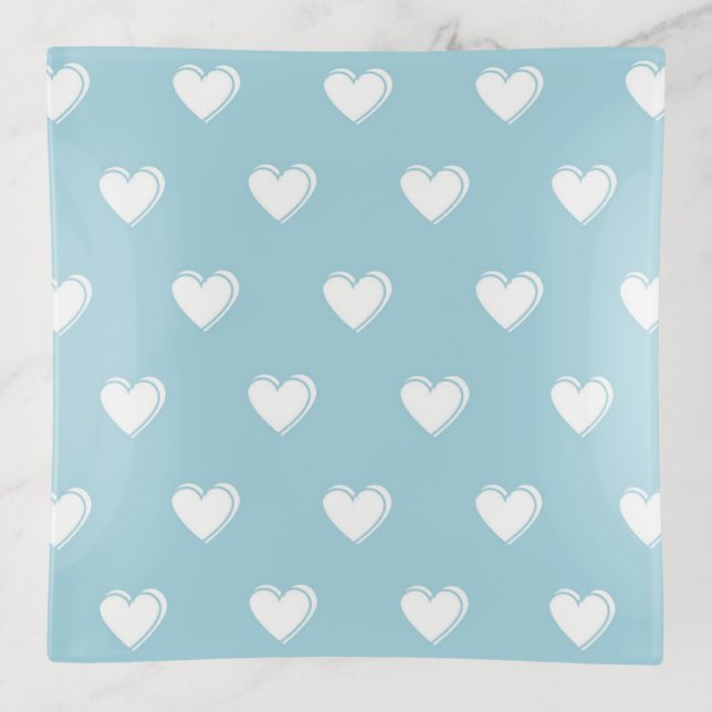 Blue White Cute Simple Heart Pattern Trinket Tray (Front)