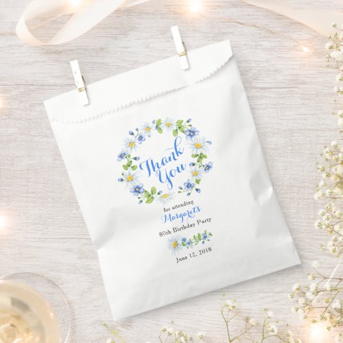 Blue White Daisy Floral 80th Birthday Thank You Favor Bag