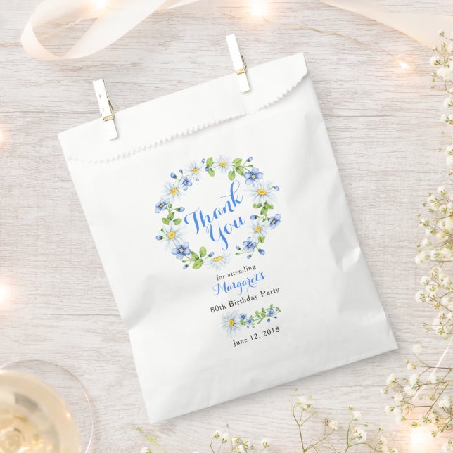 Blue White Daisy Floral 80th Birthday Thank You Favor Bag (Clipped)