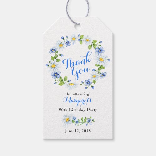 Blue White Daisy Floral 80th Birthday Thank You Gift Tags