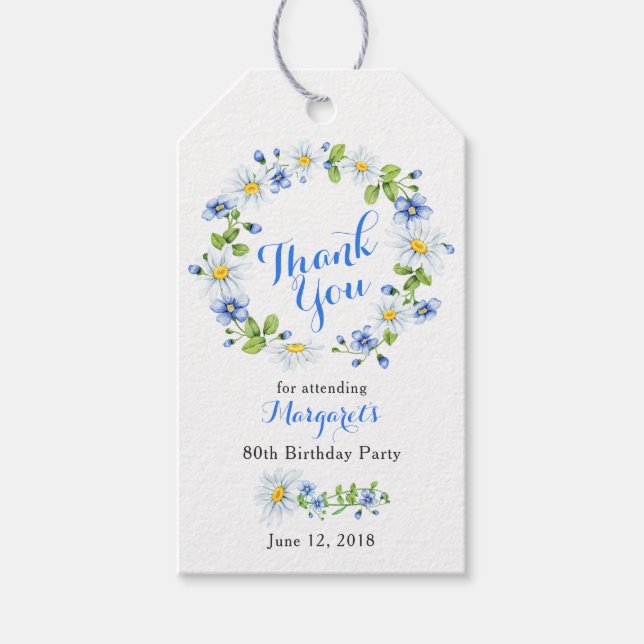 Blue White Daisy Floral 80th Birthday Thank You Gift Tags (Front)