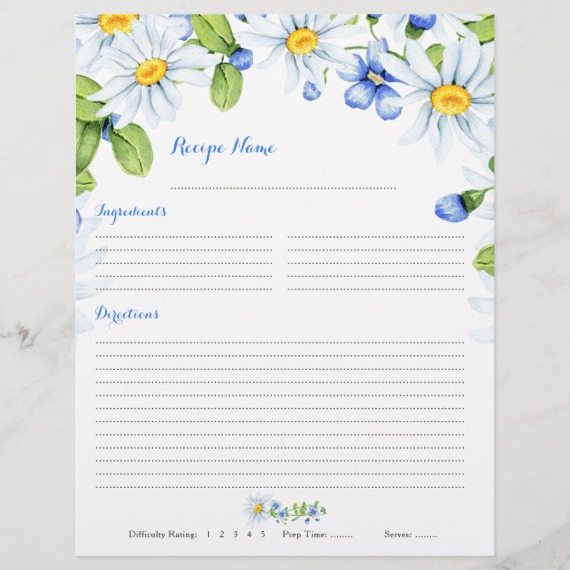 Blue White Daisy Floral Binder Recipe Inserts Flyer (Front)