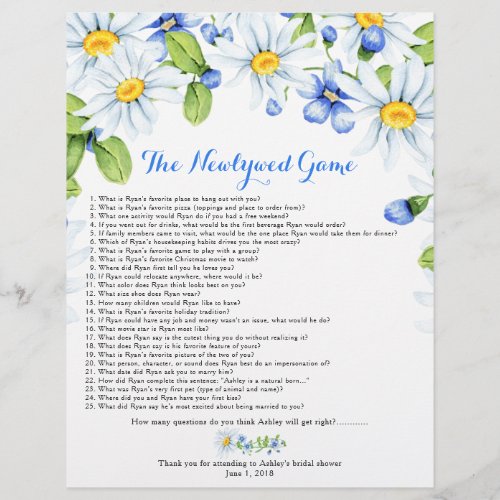 Blue White Daisy Floral Bridal Shower Games Flyer