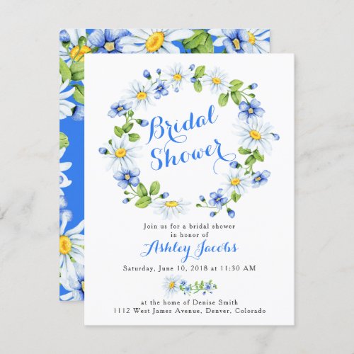 Blue White Daisy Floral Bridal Shower Invitation