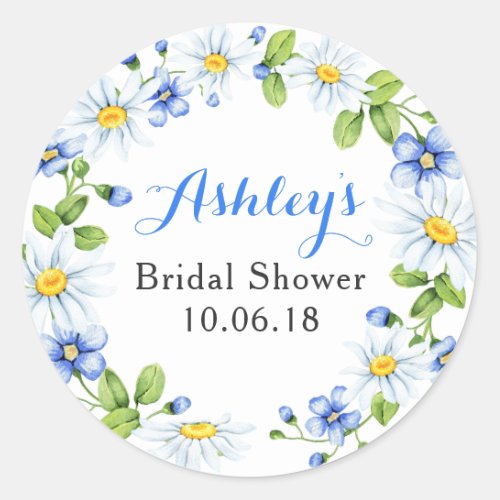 Blue White Daisy Floral Bridal Shower Thank You Classic Round Sticker