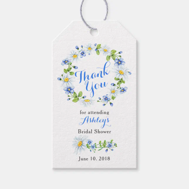 Blue White Daisy Floral Bridal Shower Thank You Gift Tags | Zazzle