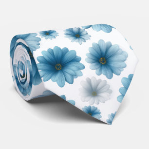 Blue White Daisy Floral Pattern Neck Tie