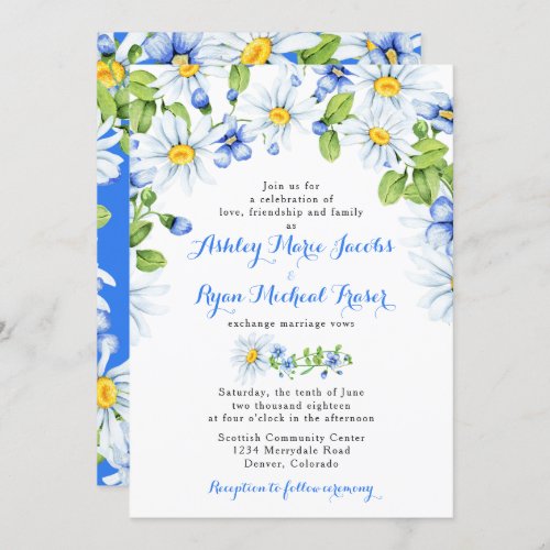 Blue White Daisy Floral Wedding Invitation