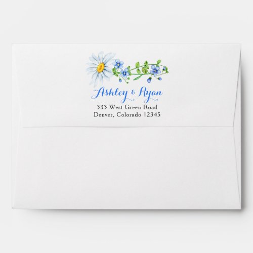 Blue White Daisy Floral Wedding Return Address Envelope