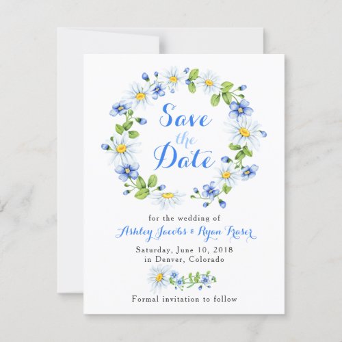 Blue White Daisy Floral Wedding Save the Date