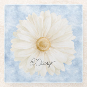Blue White Daisy Flower Glass Coaster