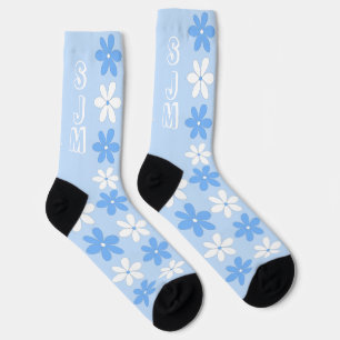 BLUE WHITE DAISY FLOWER PATTERN MONOGRAM INITIALS SOCKS