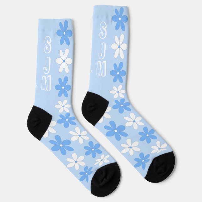 BLUE WHITE DAISY FLOWER PATTERN MONOGRAM INITIALS SOCKS (Right)