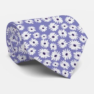 Blue white daisy flower pattern neck tie