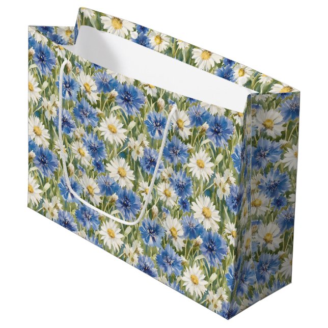 Blue White Daisy Flowers Birthday Large Gift Bag (Front Angled)