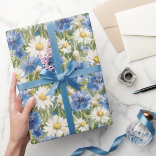 Blue White Daisy Flowers Birthday Wrapping Paper