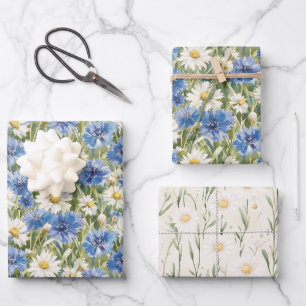 Blue White Daisy Flowers Birthday Wrapping Paper Sheets