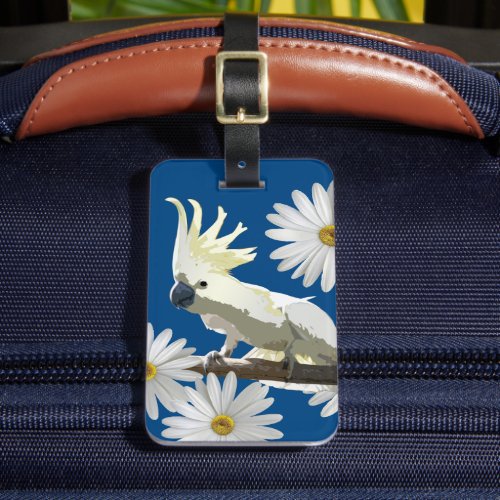 Blue  White Daisy Flowers Cockatoo Tropical Bird Luggage Tag