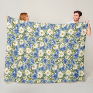Blue White Daisy Flowers Fleece Blanket