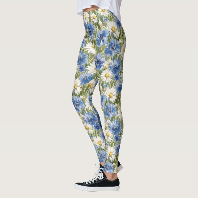 Blue White Daisy Flowers Leggings (Left)