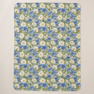 Blue White Daisy Flowers Sherpa Blanket