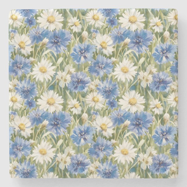 Blue White Daisy Flowers Stone Coaster (Front)