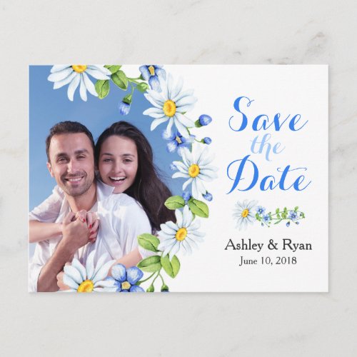 Blue White Daisy Photo Wedding Save the Date Announcement Postcard