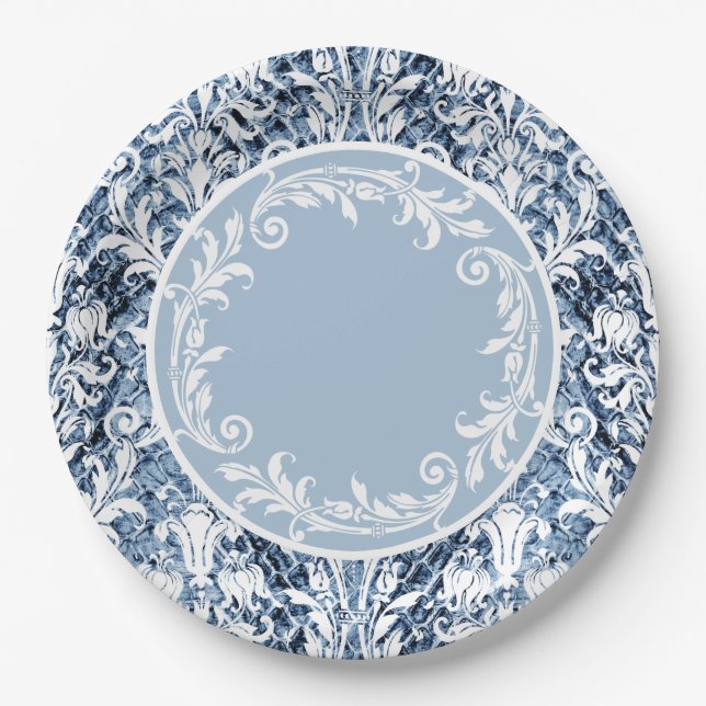Blue White Damask Floral Swirls Personalize Paper Plates (Front)
