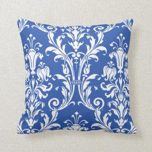 Blue & White Damask Floral Swirls Throw Pillow