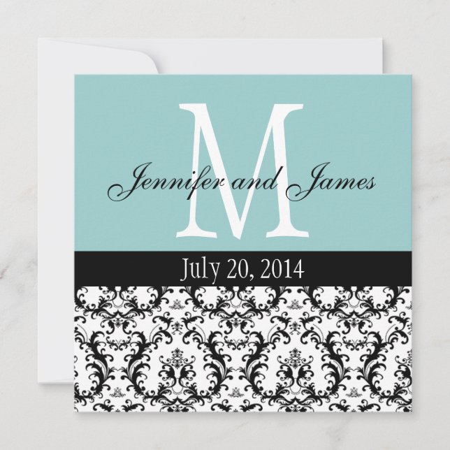 Blue White Damask Monogram Wedding Invitation (Front)
