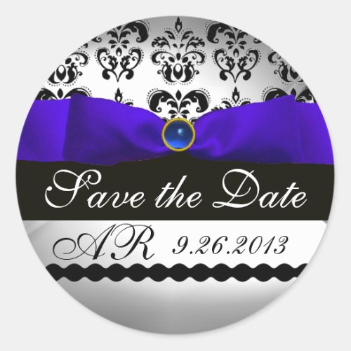 BLUE  WHITE DAMASK RIBBON MONOGRAM Sapphire Classic Round Sticker