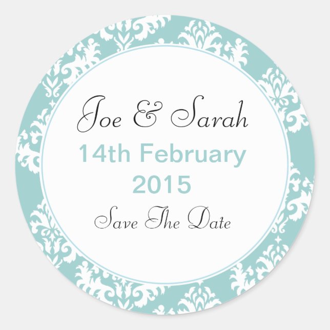 Blue & White Damask Save the Date Wedding Stickers (Front)