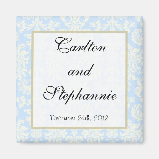 Blue/White Damask Wedding Magnet Favor (Front)