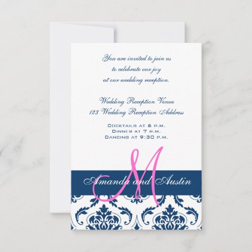 Blue White Damask Wedding Reception Invitation