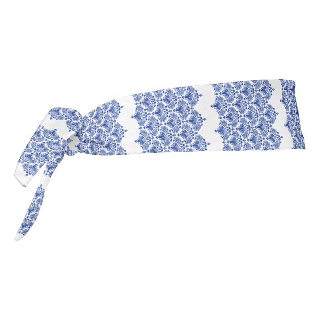 Blue & White Damasks Geometric Pattern Tie Headband (Rotate 270)